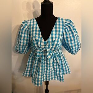 Lilly Pulitzer Babydoll Blouse Sarafina Gingham Tie Front Short Puff Sleeves sz4